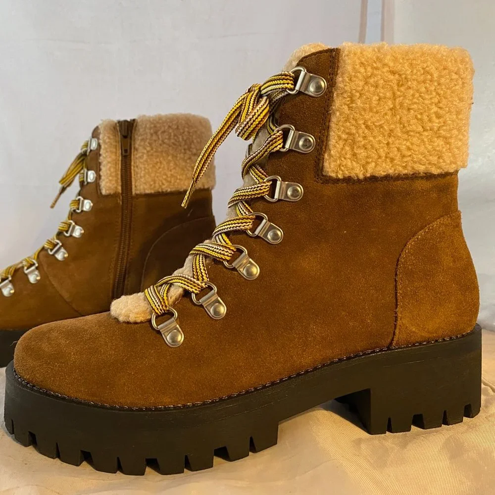 Steve Madden Brown Suede Shearling-Lined Lug Booties